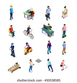  Isometric people icons set with men and women using different kinds of transport and electronic devices on white background 