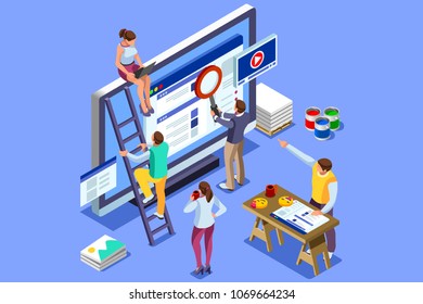 Isometric people images to create seo illustrations. Can be used for web banner, infographics, hero images. Flat isometric vector illustration isolated on blue background.