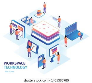 Isometric people interfaces background composition with small human characters and images of electronic devices with text vector illustration