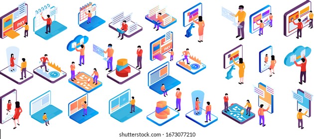Isometric people interfaces devices set of isolated images with isolated conceptual icons such as smartphones tablets laptop computers and human characters vector illustration.
