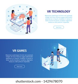 Isometric people interfaces horizontal banners set with editable text clickable buttons people and various electronic devices vector illustration