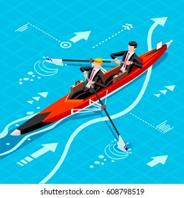 Isometric people isolated businessman staff canoe symbol of teamwork. man isometric male boss people icon set infographic. Creative design vector illustration business training bank meeting collection
