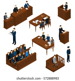 Sistema judicial de personas isométricas establecido con el juez acusado abogado policía del jurado y testigos interrogatorio ilustración vectorial aislada