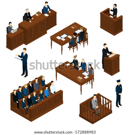 Isometric people judicial system set with judge defendant jury attorney policeman and witnesses interrogation isolated vector illustration  