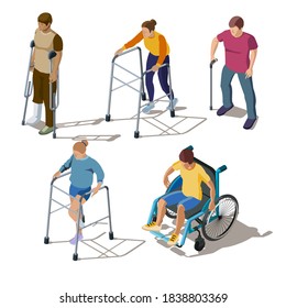 Isometric people with leg injuries, bone breaks or cracks, fracture of foot, orthopedic problems. Characters on crutches, walker, in wheelchair, with stick. Rehabilitation of musculoskeletal disorders