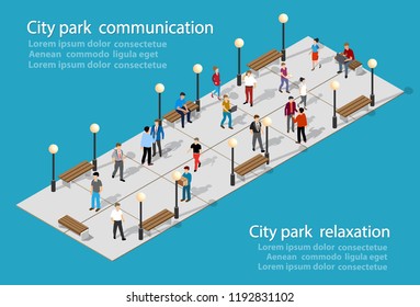 Isometric people lifestyle communication in an urban environment in a park with benches and trees