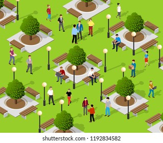 Isometric people lifestyle communication in an urban environment in a park with benches and trees