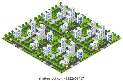 Isometric people lifestyle communication in an urban environment in a park with benches and trees 3D illustration