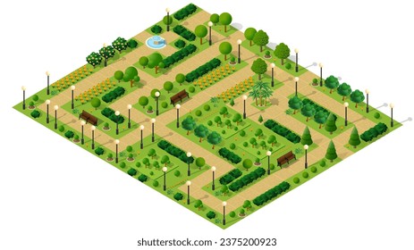 Isometric people lifestyle communication in an urban environment in a park with benches and trees