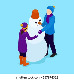 Isometric people making snowman. Children making snowman. Winter scene. Winter activities.  Isometric people. Isometric christmas, Outdoor activities, Christmas fun. Family leisure, Winter