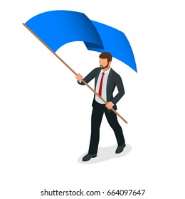 Isometric people. Man with blue flag isolated on white