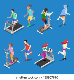 Isometric People. Man And Woman Running On Treadmill In Gym. Vector Illustration