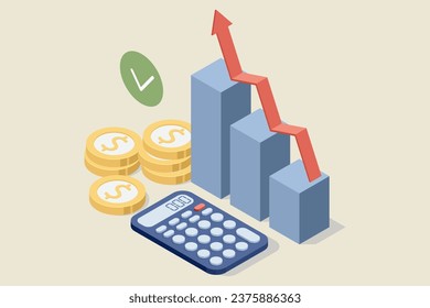 Isometric people manage finances. They calculate and analyse personal or corporate budgets, and manage financial income. Investment. Money increasing. 
