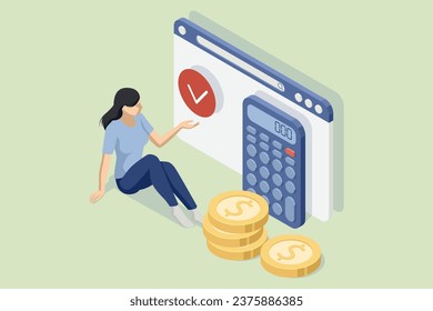 Isometric people manage finances. They calculate and analyse personal or corporate budgets, and manage financial income. Investment. Money increasing. 