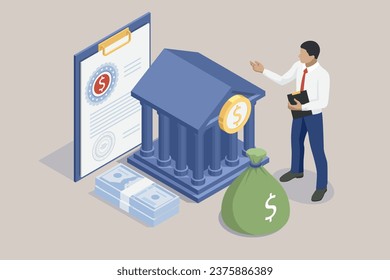 Isometric people manage finances. They calculate and analyse personal or corporate budgets, and manage financial income. Investment. Money increasing. 