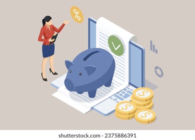 Isometric people manage finances. They calculate and analyse personal or corporate budgets, and manage financial income. Investment. Money increasing. 