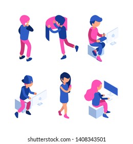 Isometric people. Managers working workspace touching screen computer gadgets interactive interface dashboard website tablet vectors. People and dashboard workspace, web digital workplace illustration