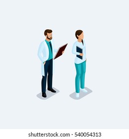 Isometric people, medical personnel, doctor, surgeon and nurse isolated on a light background. Vector illustration.