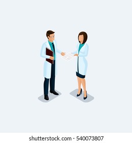 Isometric people, medical personnel, doctor and hospital worker isolated on a light background. Vector illustration.