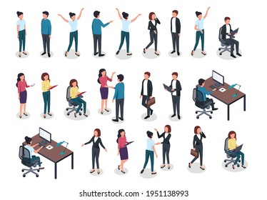 Isometric people. Men and women in business and casual clothes, office worker various postures in workspace. 3d isolated vector characters. Male and female characters with suitcase, shaking hands