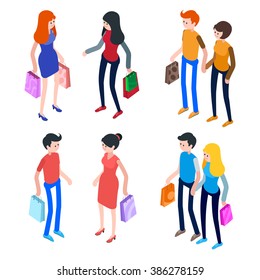 Isometric people, men and women with shopping bags. Set of 3d people. Vector illustration.