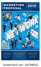 Isometric people network blue brochure or proposal vector clean blue template modern layout design for freelance or consultant professionals