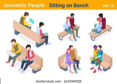 Isometric People With Notebook Laptop Sitting On Bench Flat Vector Collection.