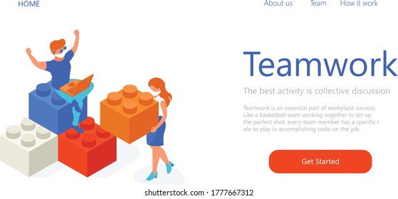 Isometric people in office build something with blocks. Teamwork cooperation in the quarantine. People with medical masks. Web page template
