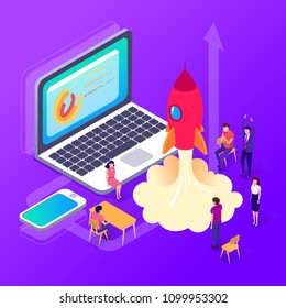 Isometric people. Officepresent a new startup project business plan, development of investment search. Successful launch of startup