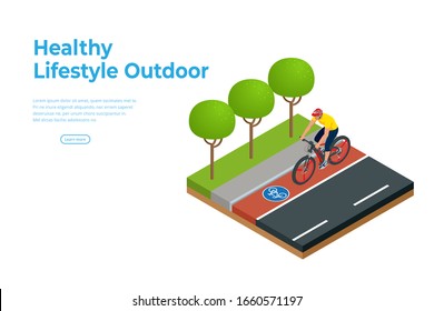 Isometric people on bicycle ride on the bicycle lane. Healthy Lifestyle Outdoor. Bike path.