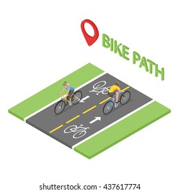 Isometric people on bicycle ride on the bicycle lane. Bike path. Flat style, fitness, sport, man, woman.