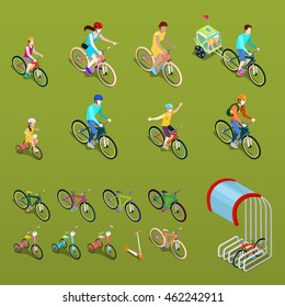 Isometric People On Bicycles. City Bike, Family And Children. Vector Illustration