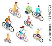 Isometric People on Bicycles. Family Cyclists. Vector flat 3d illustration