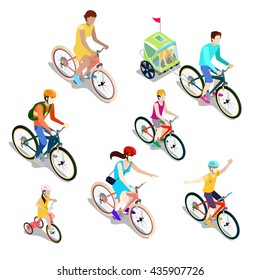 Isometric People on Bicycles. Family Cyclists. Vector flat 3d illustration