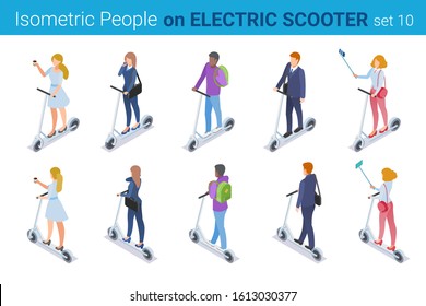 Isometric People on Electric Kick Scooter flat vector collection.