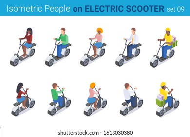 Isometric People on Electric Scooter flat vector collection.