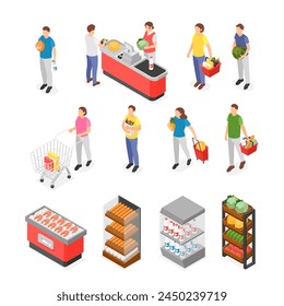 Isometric people on grocery shopping. Market stand with products, with basket and bags. Waiting line to cashier. Buy food flawless vector scenes