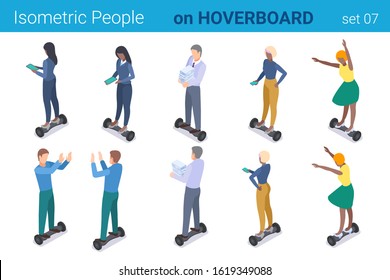Isometric People on Hoverboard flat vector collection.