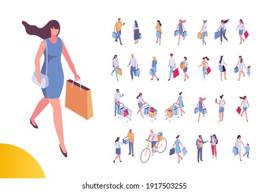 Isometric people on shopping isolated on whine backgroynd. Men and women with shopping bag, shopping cart flat vector illustration