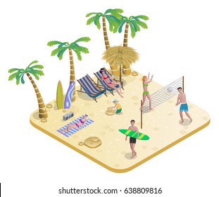 Isometric people on tropical beach concept with sunbathing volleyball surfing palm trees boombox sand castle isolated vector illustration