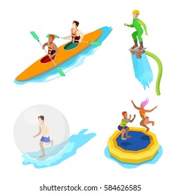 Isometric People on Water Activity. Kayaking, Man on Flyboard and Trampoline. Vector 3d flat illustration