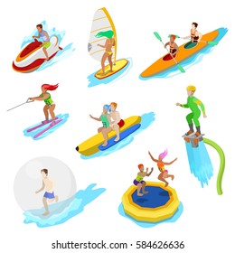 Isometric People on Water Activity. Woman Surfer, Kayaking, Man on Flyboard and Skiing. Vector 3d flat illustration