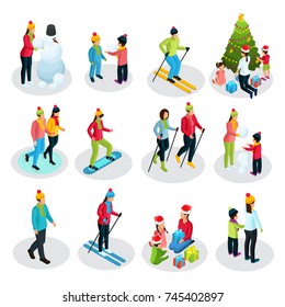 Isometric people on winter holidays set with parents and children involved in sport and other activities isolated vector illustration