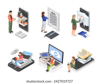 Isometric people online education. Man woman reading and learning with paper and digital books. Adult using online library, flawless vector scenes