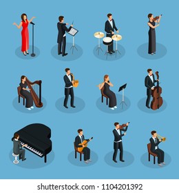 Isometric people in orchestra collection with conductor singer and musicians playing different musical instruments isolated vector illustration