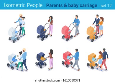 Isometric People Parents With Baby Carriage Flat Vector Family Collection.