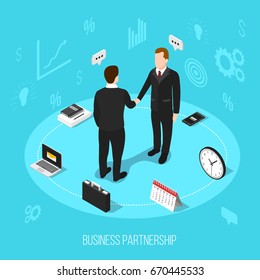 Isometric people partnership conceptual background with composition of office equipment silhouette pictograms and human characters shaking hands vector illustration