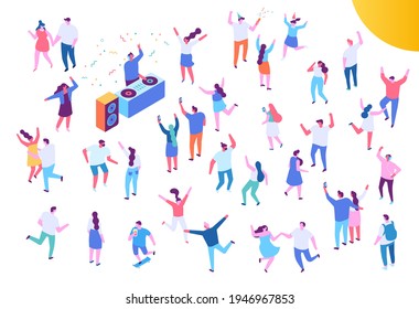 Isometric people party vector set. Young people dancing. Dj party, consert, festival