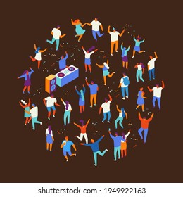 Isometric people party vector set. Young people dancing. Dj party, consert, festival