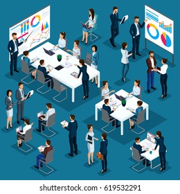 Isometric people person, 3d coaching, business coach, businessmen, company employees, meeting, partnership, concept management, business processes, training graphics vector